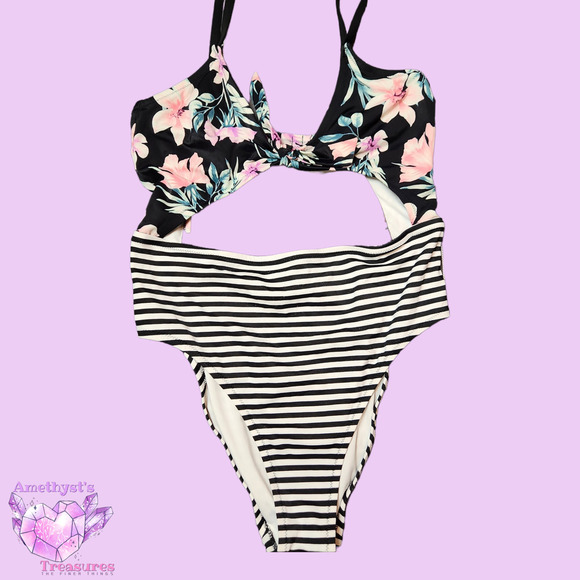 PINK Victoria's Secret Other - VICTORIA'S Secret L monokini striped floral keyhole swim bathing suit high waist